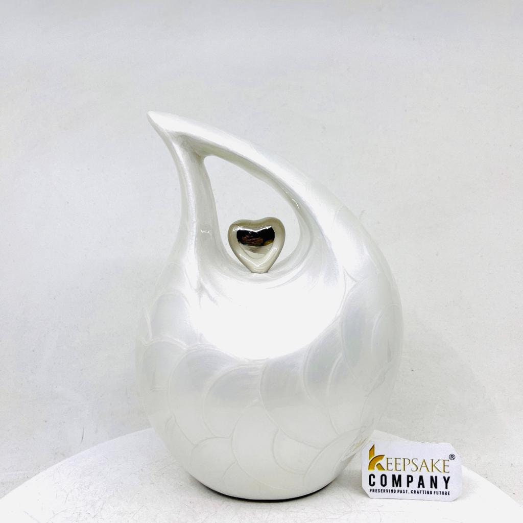 White Pearl Teardrop Cremation urn with Silver Heart - Urn- Urns for Ashes - Medim Urn / Ash Urn - Personalized Urn   (7 Inches  Height)