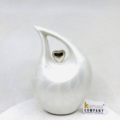 White Pearl Teardrop Cremation urn with Silver Heart - Urn- Urns for Ashes - Medim Urn / Ash Urn - Personalized Urn   (7 Inches  Height)