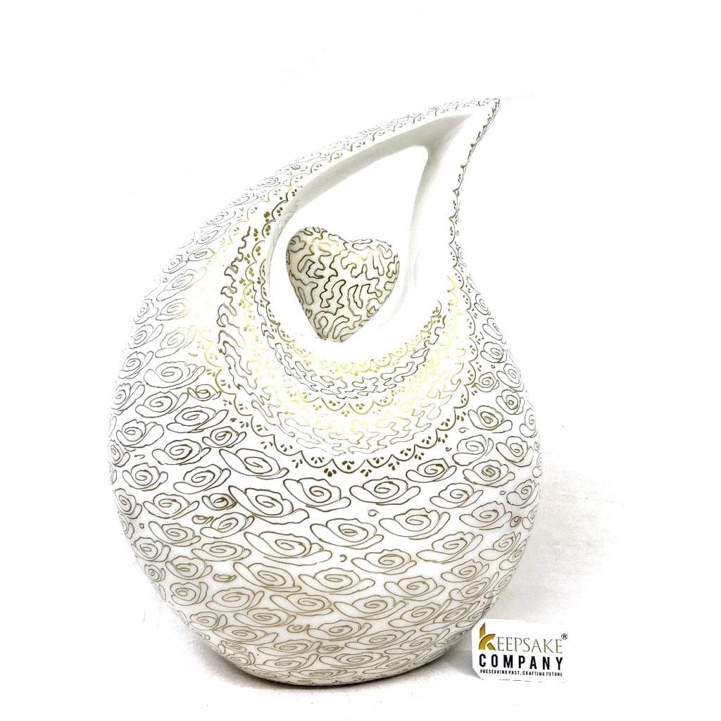 Gorgeous White & Golden Adult teardrop Cremation Urn for Human Ashes - Personalized Urn - Memorial Urn - Funeral Urn - Urn for Ash