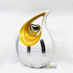 White Teardrop Cremation Urn with Yellow Neck, Golden Heart urns & Chrome strips for ashes - urns for ashes - urn for ashes - Keepsak Urn