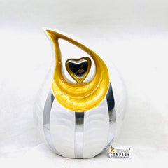 White Teardrop Cremation Urn with Yellow Neck, Golden Heart urns & Chrome strips for ashes - urns for ashes - urn for ashes - Keepsak Urn