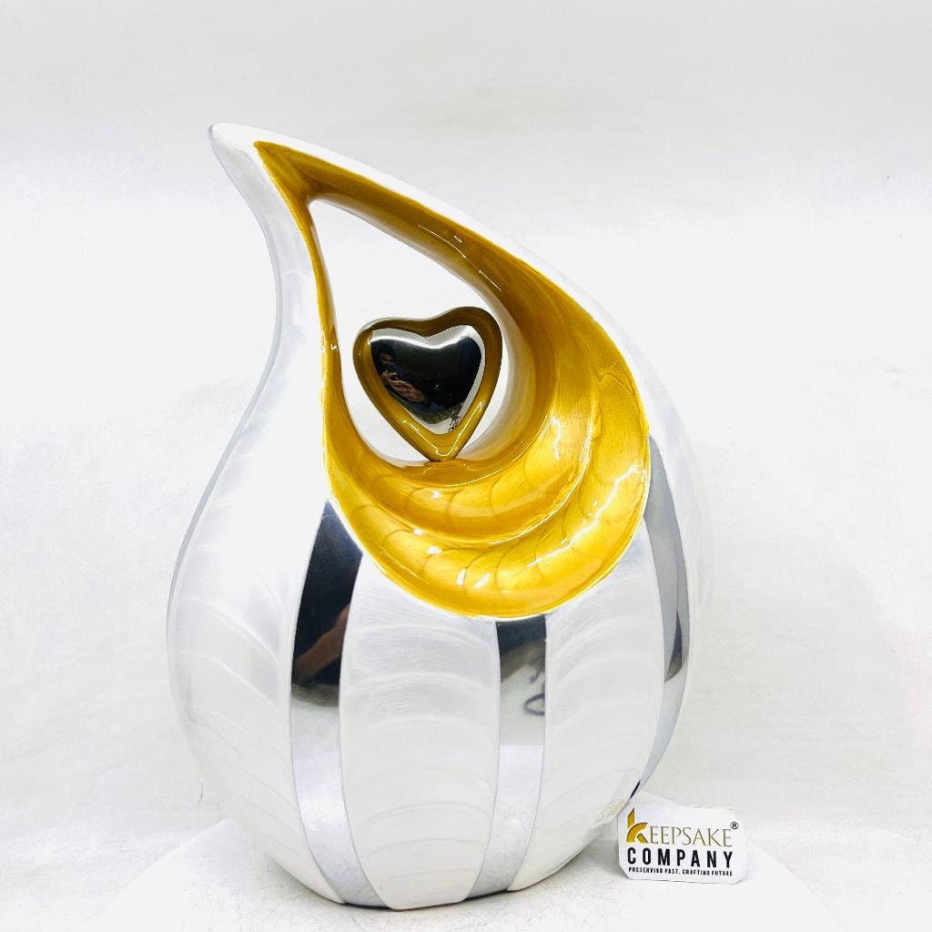 White Teardrop Cremation Urn with Yellow Neck, Golden Heart urns & Chrome strips for ashes - urns for ashes - urn for ashes - Keepsak Urn