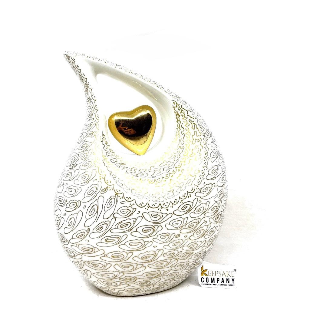 Gorgeous White & Golden Adult teardrop Cremation Urn for Human Ashes - Personalized Urn - Memorial Urn - Funeral Urn - Urn for Ash