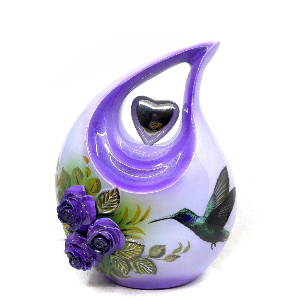 Lavender Teardrop Cremation Urns for Ashes - Urns for Ashes Adult Female - Urn - Urns - Cremation Urn - Humming Bird and 3D Flowers.