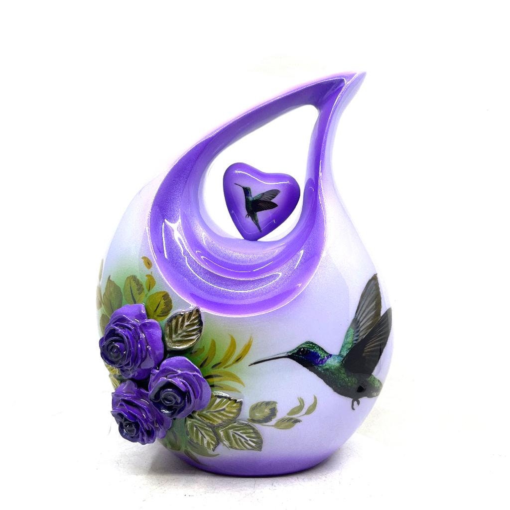 Lavender Teardrop Cremation Urns for Ashes - Urns for Ashes Adult Female - Urn - Urns - Cremation Urn - Humming Bird and 3D Flowers.