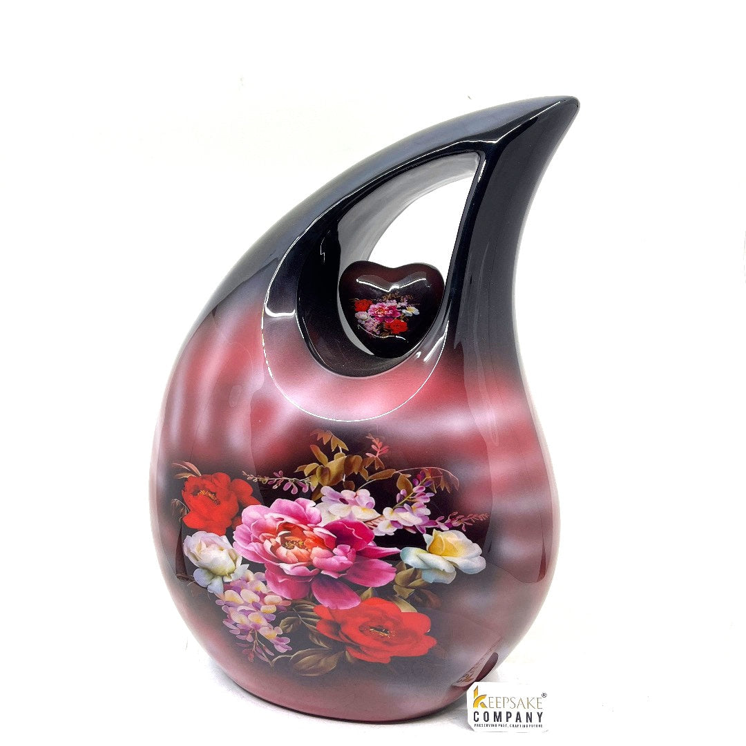 Extra Large Double Adult Black Teardrop Cremation Urn with Beautiful Red Photos - Urn For Human Ashes - Memorial Urn - Personalized Urn