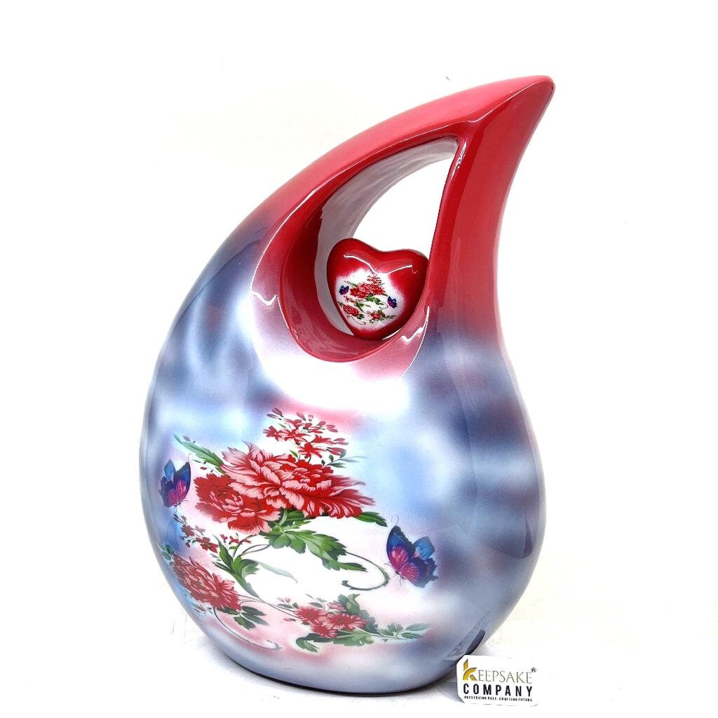 Extra Large Double Adult Red Teardrop Cremation Urn with Beautiful Red flowers - Urn For Human Ashes - Memorial Urn - Personalized Urn