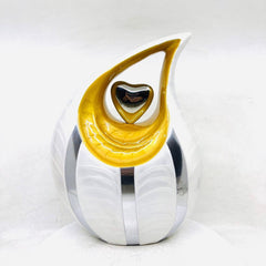 White Teardrop Cremation Urn with Yellow Neck, Golden Heart urns & Chrome strips for ashes - urns for ashes - urn for ashes - Keepsak Urn