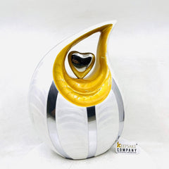 White Teardrop Cremation Urn with Yellow Neck, Golden Heart urns & Chrome strips for ashes - urns for ashes - urn for ashes - Keepsak Urn