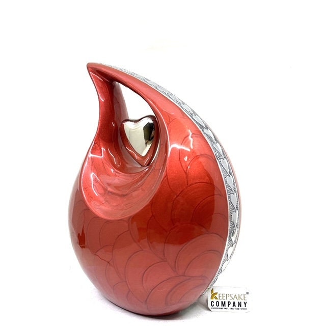 Red teardrop Cremation Urn with Silver heart and Engraving -Ash Urn - Funeral Urn - Memorial Urn - Personalized Urn - Urn for Ashes - Urne