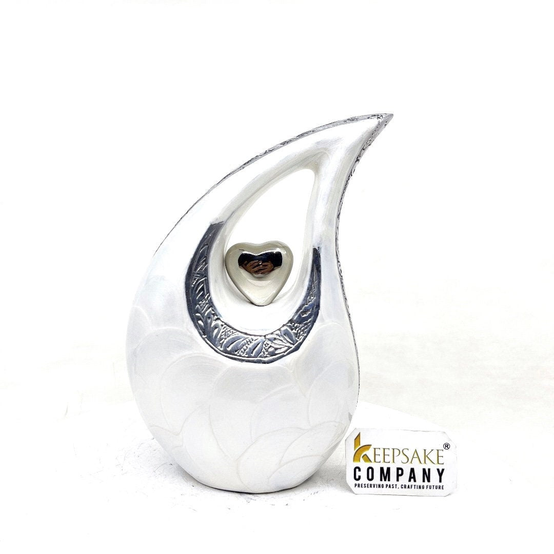 White Pearl Teardrop metal Cremation Urn in Medium size (6 Inches/ 15 centimeters) height - Memorial Urn - Ash Urn - Urn for Ashes - Urns