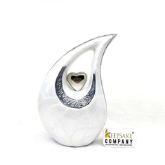 White Pearl Teardrop metal Cremation Urn in Medium size (6 Inches/ 15 centimeters) height - Memorial Urn - Ash Urn - Urn for Ashes - Urns
