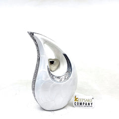White Pearl Teardrop metal Cremation Urn in Medium size (6 Inches/ 15 centimeters) height - Memorial Urn - Ash Urn - Urn for Ashes - Urns
