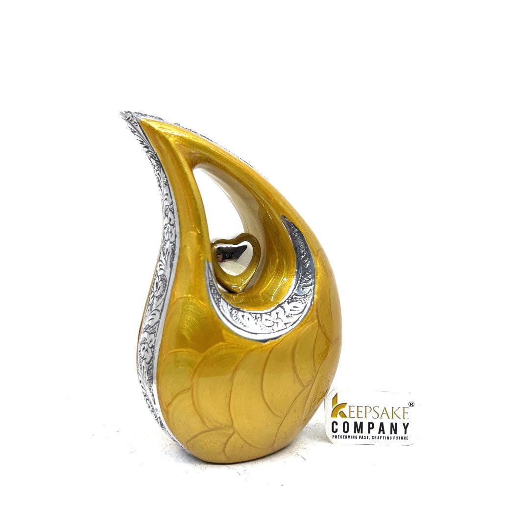 Yellow Pearl Teardrop metal Cremation Urn in Medium size (6 Inches/ 15 centimeters) height - Memorial Urn - Ash Urn - Urn for Ashes - Urns