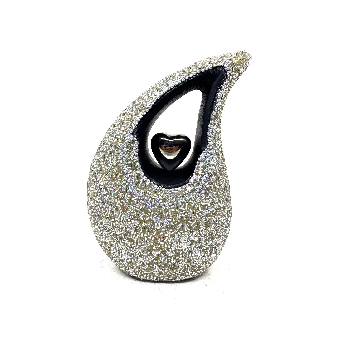 Silver Pearl Studded super shiny Teardrop metal Cremation Urn in Medium size (6 Inch height - Memorial Urn - Ash Urn - Urn for Ashes - Urns