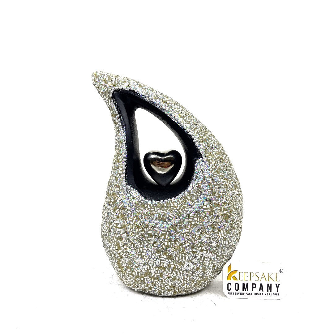 Silver Pearl Studded super shiny Teardrop metal Cremation Urn in Medium size (6 Inch height - Memorial Urn - Ash Urn - Urn for Ashes - Urns