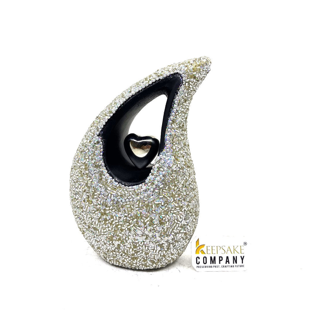 Silver Pearl Studded super shiny Teardrop metal Cremation Urn in Medium size (6 Inch height - Memorial Urn - Ash Urn - Urn for Ashes - Urns