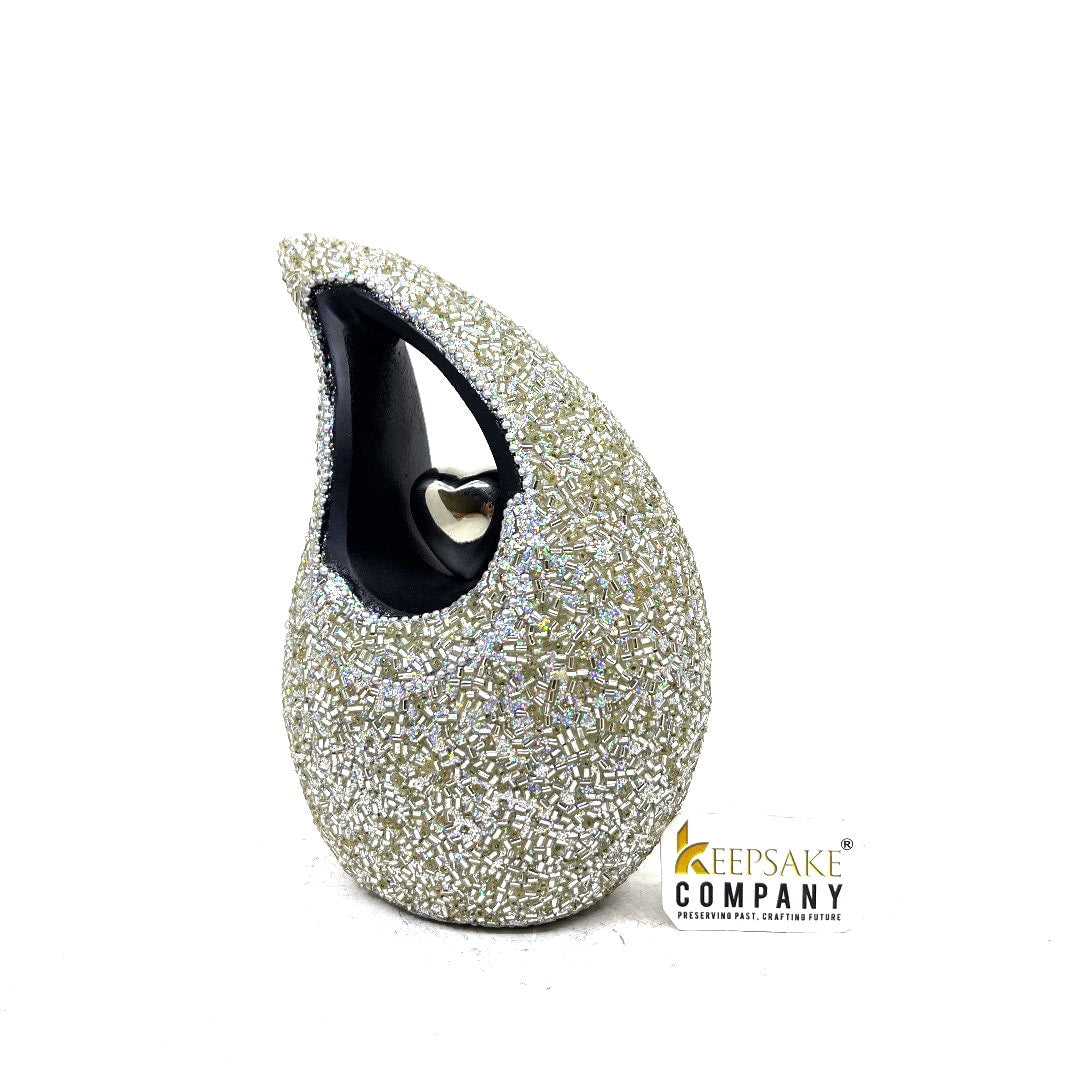 Silver Pearl Studded super shiny Teardrop metal Cremation Urn in Medium size (6 Inch height - Memorial Urn - Ash Urn - Urn for Ashes - Urns