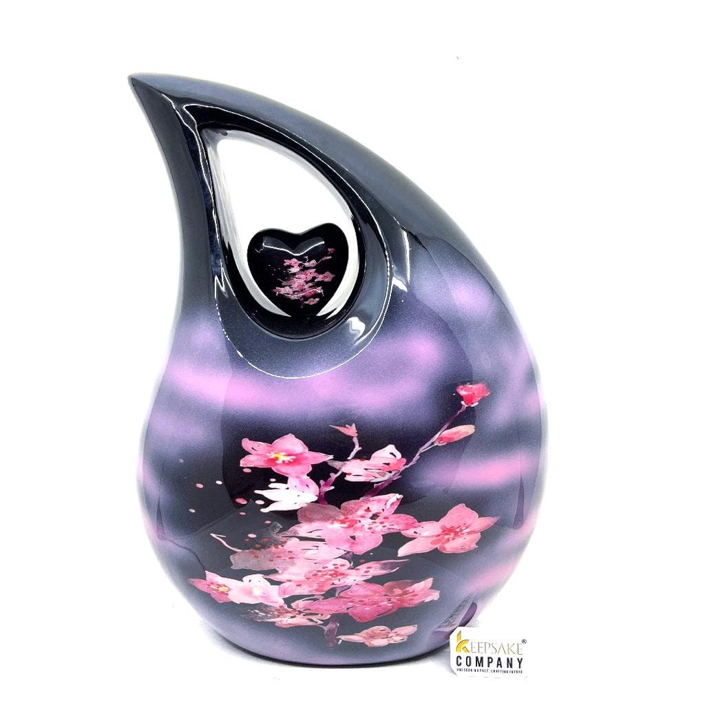 Extra Large Double Adult Black Teardrop Cremation Urn with Beautiful Pink Flowers - Urn For Human Ashes - Memorial Urn - Personalized Urn