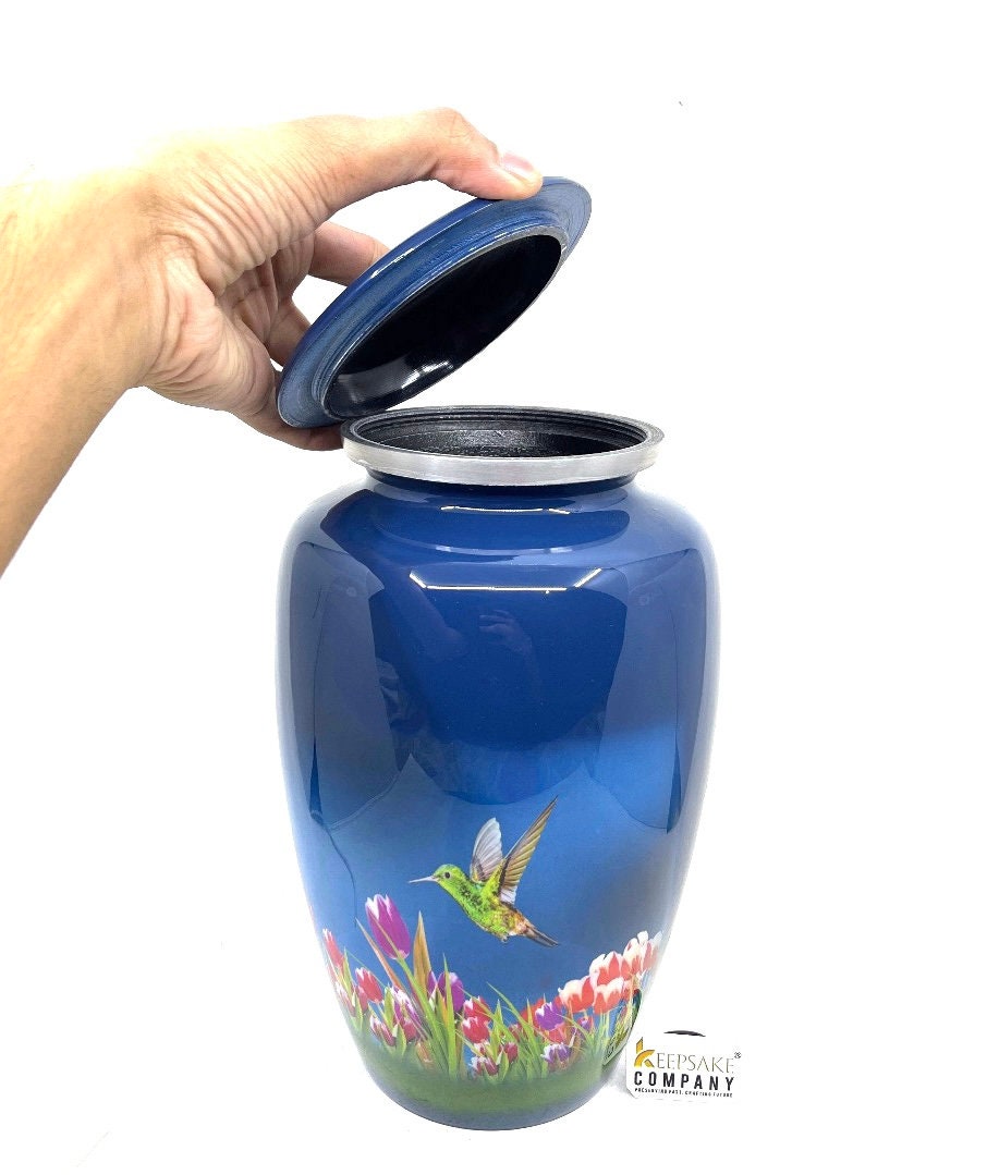 Humming Bird in blue background Urn - Cremation Urns for Ashes - Urns for Ashes Adult Male - Urn - Urns for Human Ashes - Decorative Urn