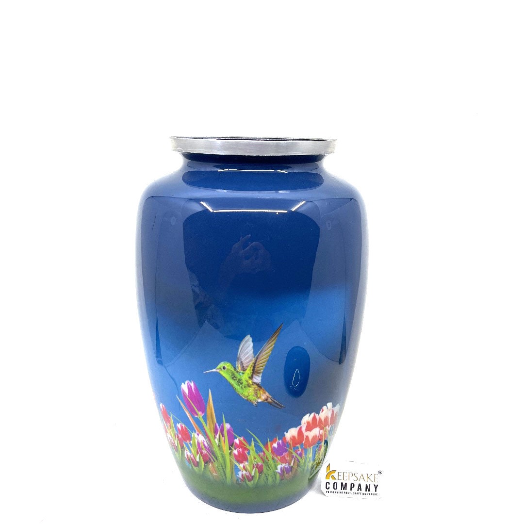 Humming Bird in blue background Urn - Cremation Urns for Ashes - Urns for Ashes Adult Male - Urn - Urns for Human Ashes - Decorative Urn