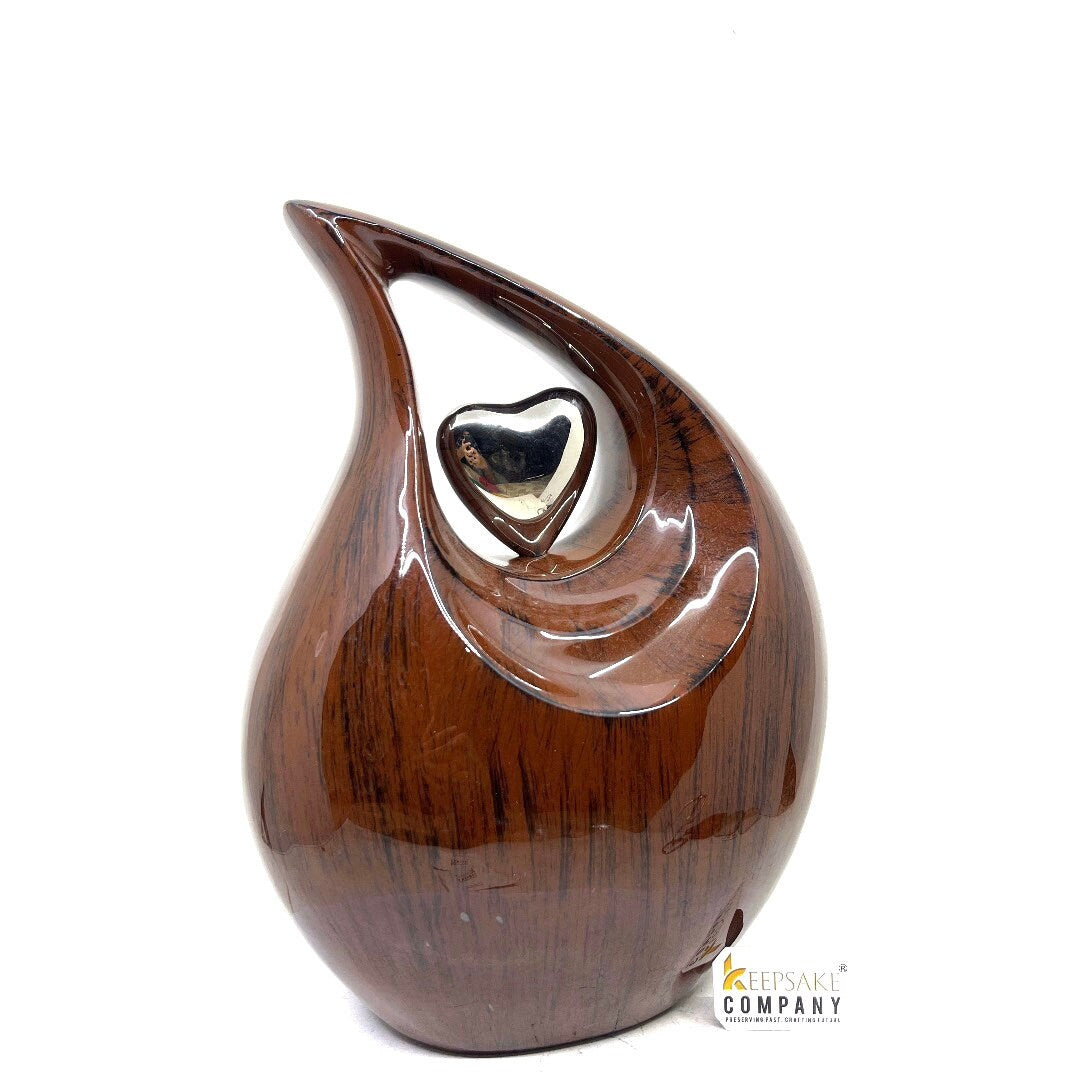 Teardrop Urn, Wood Grain Finish Metal Cremation Urn, Unique Design Cremation Urn for Human Ashes, Adult Memorial Urn for your Loved Ones