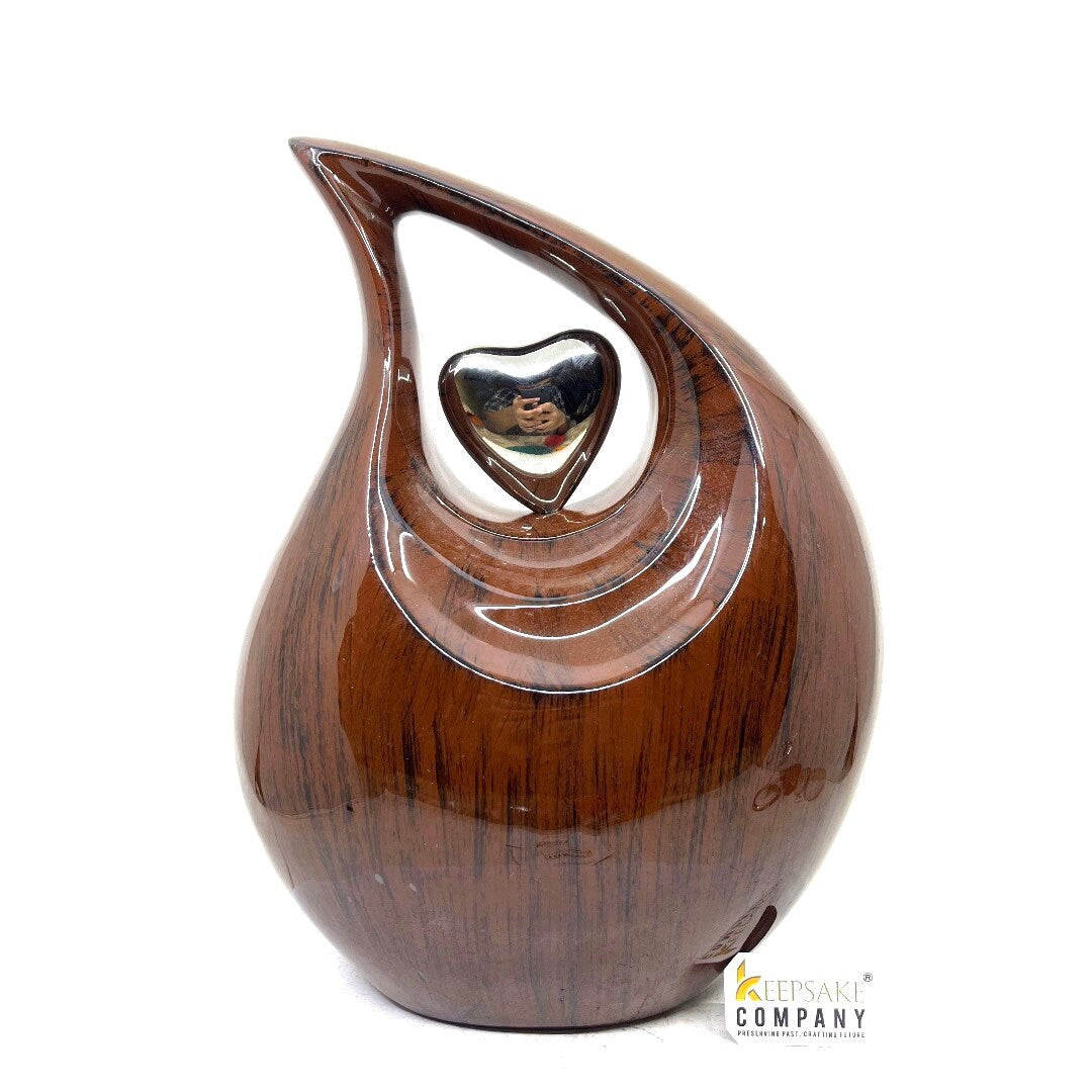 Teardrop Urn, Wood Grain Finish Metal Cremation Urn, Unique Design Cremation Urn for Human Ashes, Adult Memorial Urn for your Loved Ones