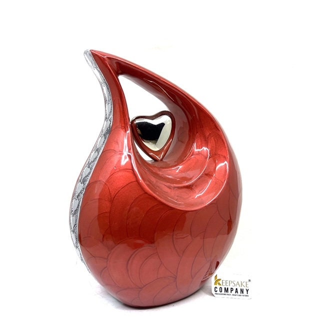 Red teardrop Cremation Urn with Silver heart and Engraving -Ash Urn - Funeral Urn - Memorial Urn - Personalized Urn - Urn for Ashes - Urne