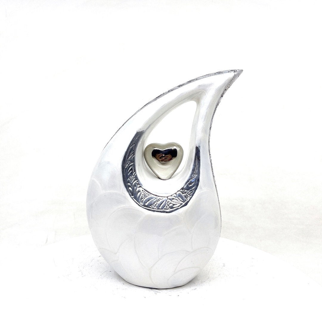 White Pearl Teardrop metal Cremation Urn in Medium size (6 Inches/ 15 centimeters) height - Memorial Urn - Ash Urn - Urn for Ashes - Urns
