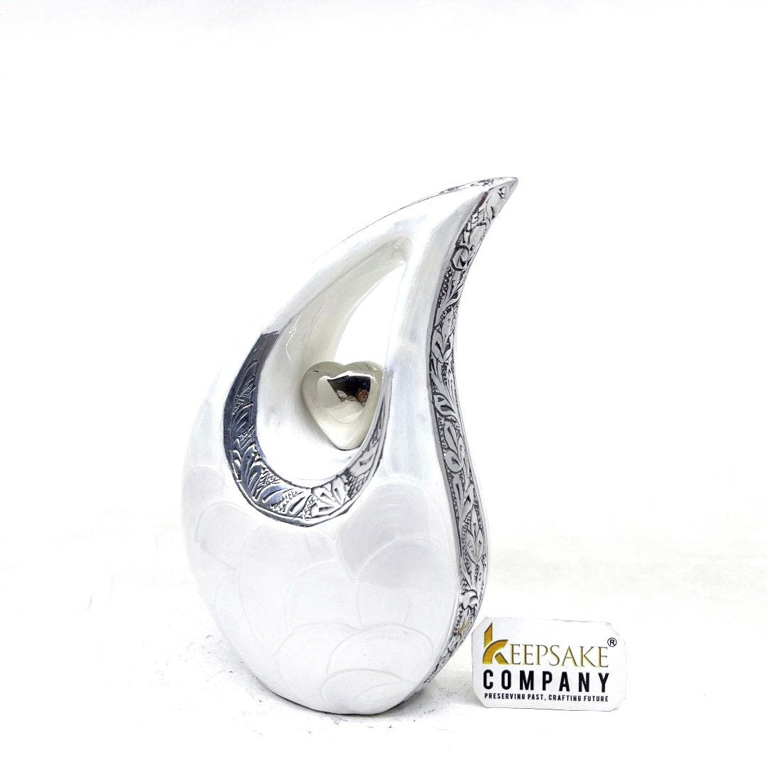 White Pearl Teardrop metal Cremation Urn in Medium size (6 Inches/ 15 centimeters) height - Memorial Urn - Ash Urn - Urn for Ashes - Urns