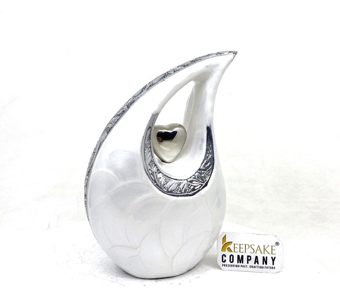 White Pearl Teardrop metal Cremation Urn in Medium size (6 Inches/ 15 centimeters) height - Memorial Urn - Ash Urn - Urn for Ashes - Urns