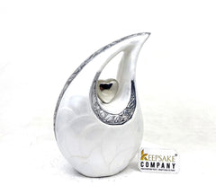 White Pearl Teardrop metal Cremation Urn in Medium size (6 Inches/ 15 centimeters) height - Memorial Urn - Ash Urn - Urn for Ashes - Urns