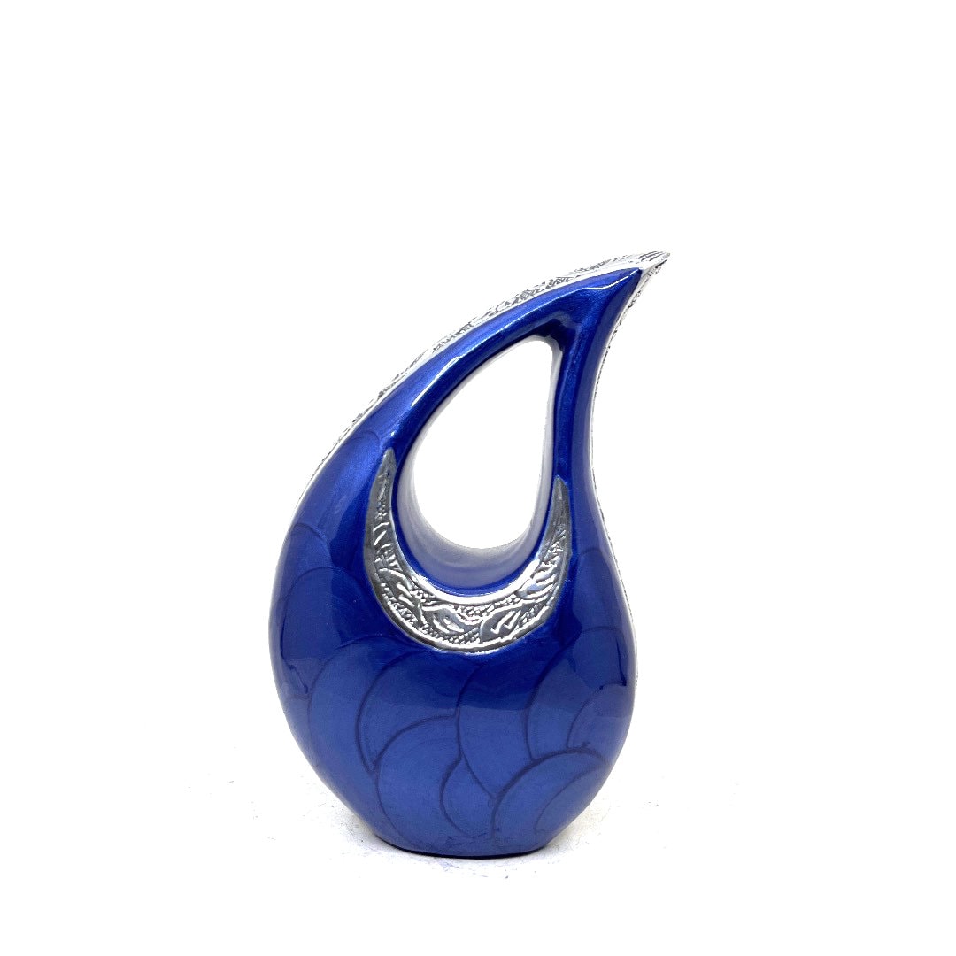 Blue Pearl Teardrop metal Cremation Urn in Medium size (6 Inches/ 15 centimeters) height - Memorial Urn - Ash Urn - Urn for Ashes - Urns