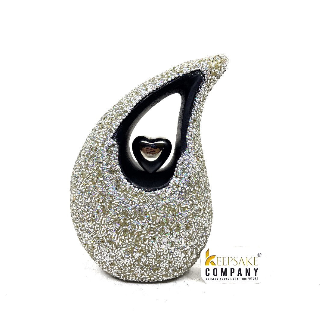 Silver Pearl Studded super shiny Teardrop metal Cremation Urn in Medium size (6 Inch height - Memorial Urn - Ash Urn - Urn for Ashes - Urns