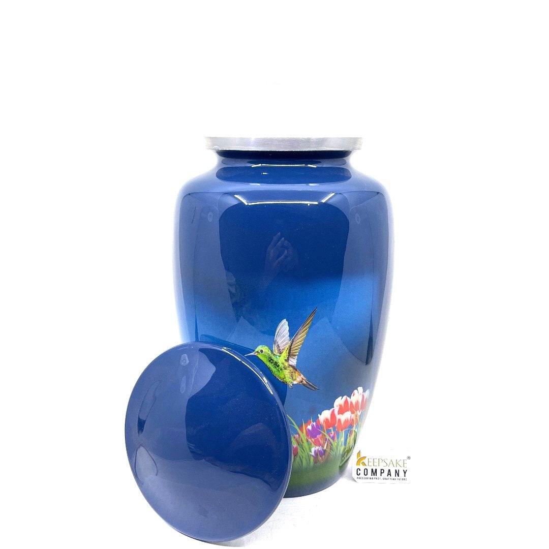 Humming Bird in blue background Urn - Cremation Urns for Ashes - Urns for Ashes Adult Male - Urn - Urns for Human Ashes - Decorative Urn