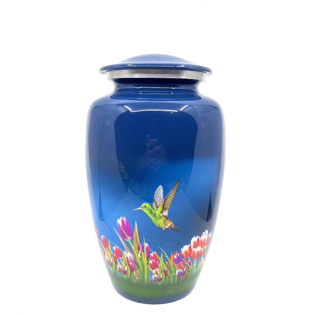 Humming Bird in blue background Urn - Cremation Urns for Ashes - Urns for Ashes Adult Male - Urn - Urns for Human Ashes - Decorative Urn