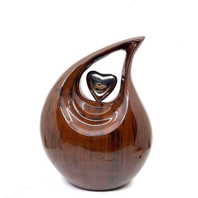 Teardrop Urn, Wood Grain Finish Metal Cremation Urn, Unique Design Cremation Urn for Human Ashes, Adult Memorial Urn for your Loved Ones