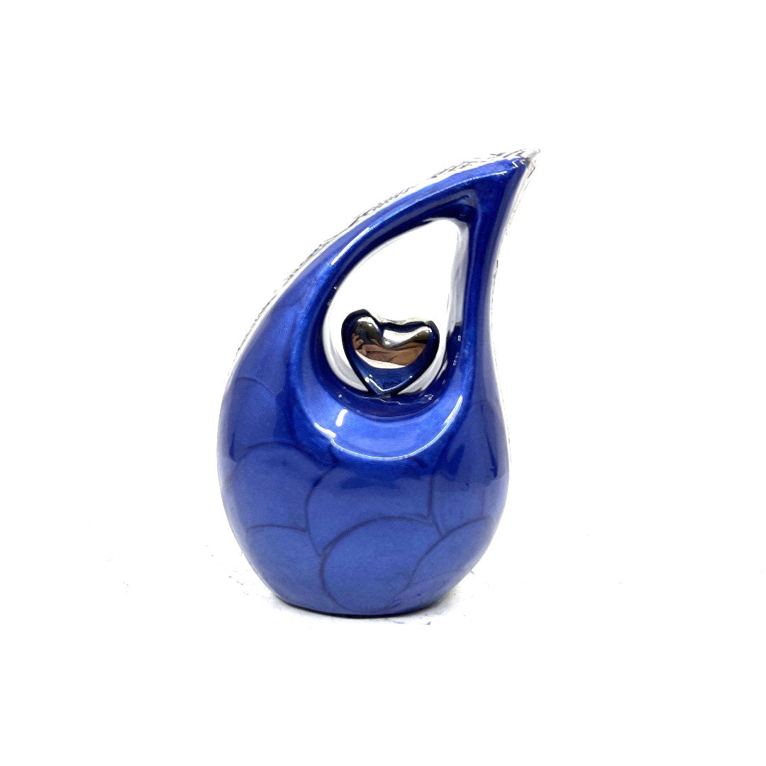 Blue teardrop mini Cremation Urn with White Heart for Human Ashes - Small Urn For Ashes - Funeral Urn - Ash Urn from Keepsake Company