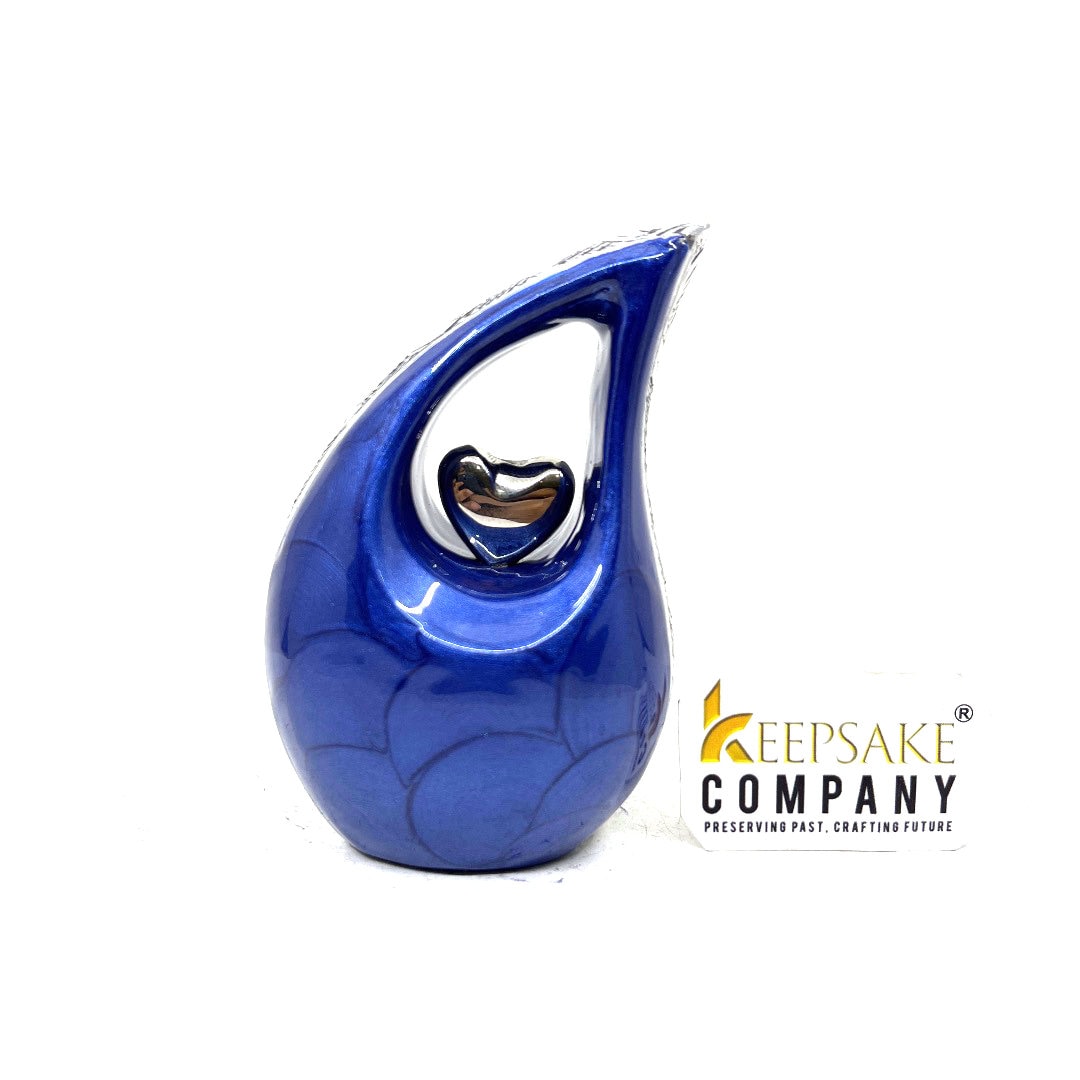 Blue teardrop mini Cremation Urn with White Heart for Human Ashes - Small Urn For Ashes - Funeral Urn - Ash Urn from Keepsake Company