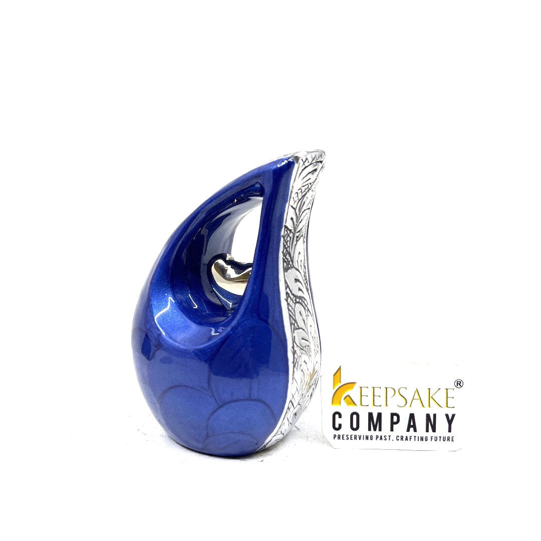 Blue teardrop mini Cremation Urn with White Heart for Human Ashes - Small Urn For Ashes - Funeral Urn - Ash Urn from Keepsake Company