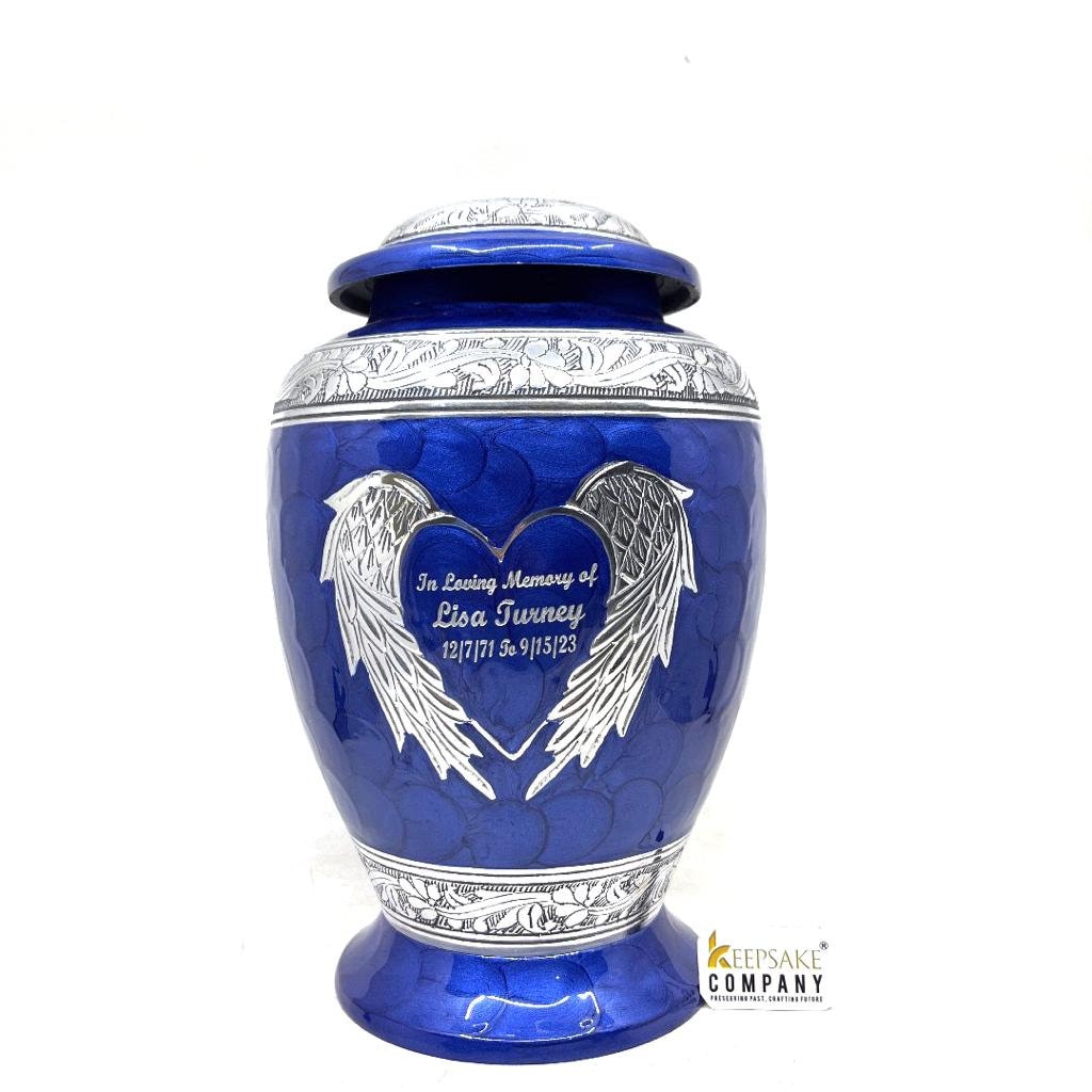 Dark Blue Cremation Urn for Ashes - Urns for Human Ashes  with Angel Wings and Heart - Urn - Urn - Funeral Urn - Memorial urn by Keepsake Co