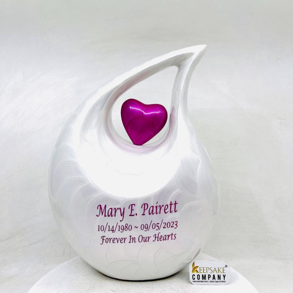 White teardrop Adult Cremation Urn with Pink Heart For Human Ashes, 10 Inches in Height, Capacity 2.5 liters, Memorial Urn, Personalized Urn